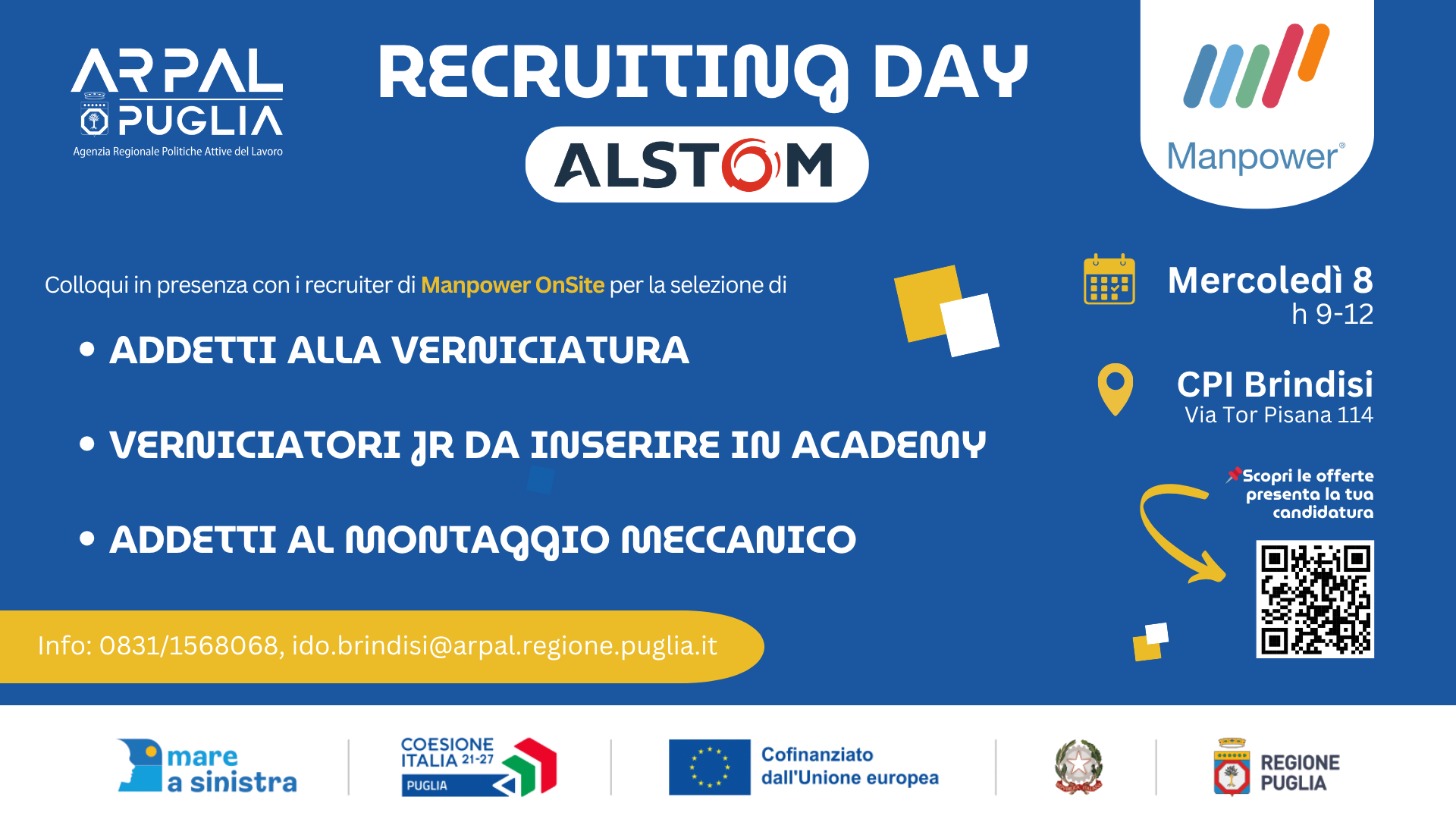 Il Centro per l’impiego di Brindisi, in collaborazione con Manpower, ha organizzato un “Recruiting Day” volto alla selezione di personale per la Alstom, società leader mondiale nel settore dei trasporti.